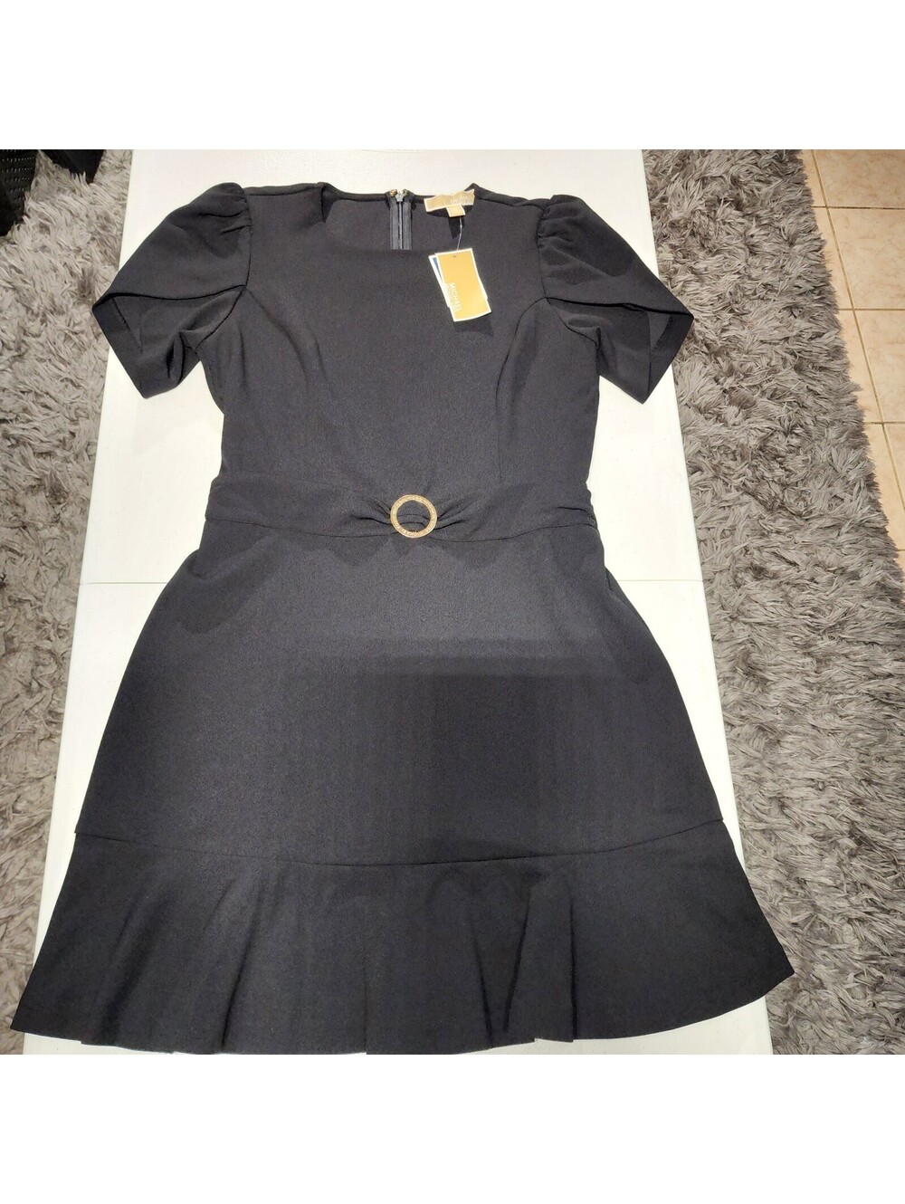 Michael Kors Women's Black Knit A-Line Dress Belted Logo Ring Short Sleeve M